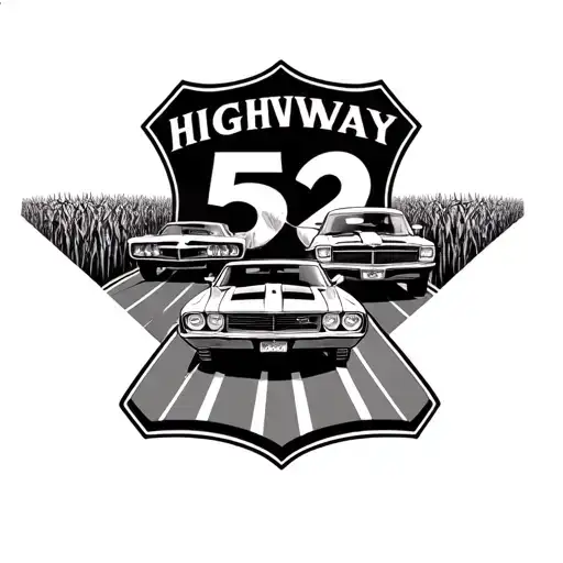 tattoo of two muscle cars driving down the highway with a highway 52 shield sign and cornfields on each side of the road tattoo design idea