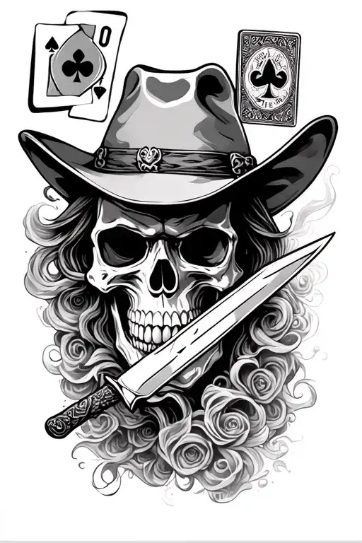cowboy skull smoking with knife and cards tattoo design idea