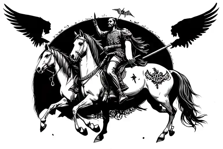 apocalypse, Conquer, War, Famine, and Death riding on horses tattoo design idea