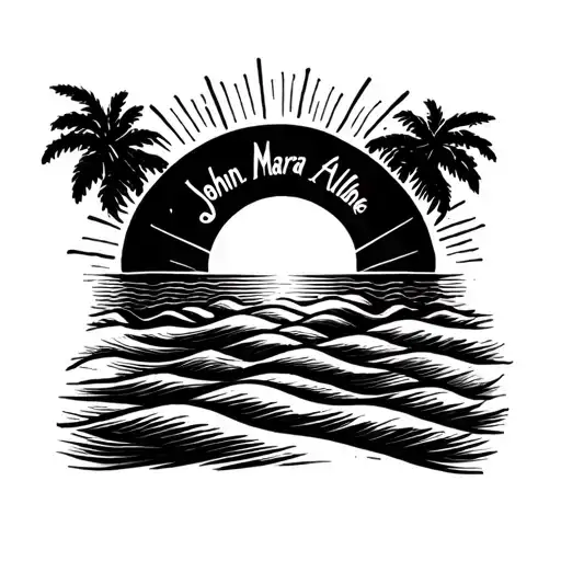 Simple line drawing of a sunset over a wavy see with the names "John", "Mara" and "Ailbhe" incorporated into the sunbeam tattoo design idea