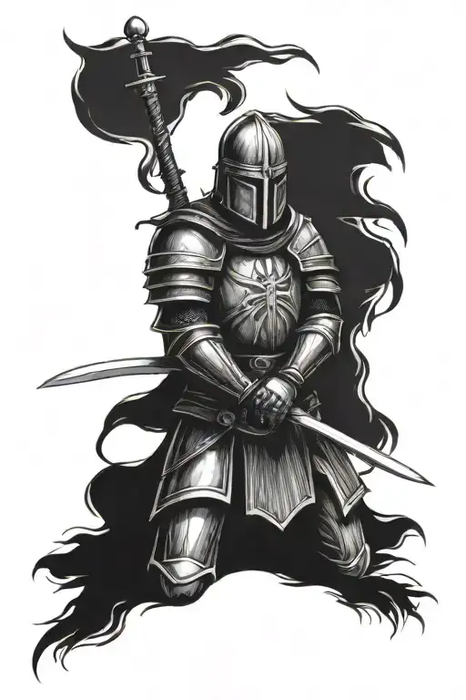 Templar knight kneeling in prayer with sword. tattoo design idea