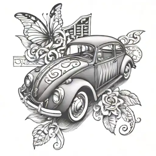volkswagen beetle and jukebox tattoo design idea