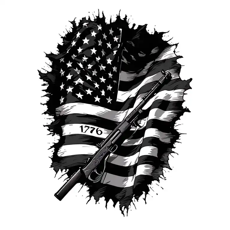 tattered waving American flag with 1776 written somewhere and a rifle tattoo design idea