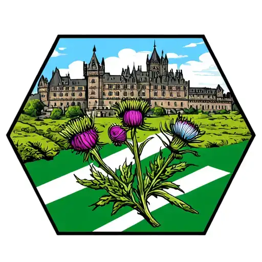 Hexagon shape outline, main image scotland flag waving, edinburgh castle in background, heather and thistle in foregroun tattoo design idea