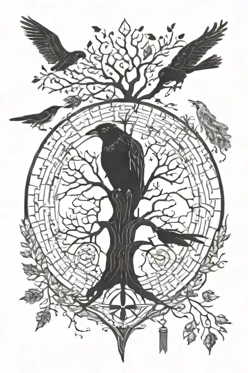 nordic style, tree of life, odin's ravens, runic compass tattoo design idea
