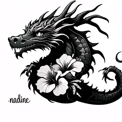 a dragon add the name in cursive her name is nadine instead of those flowers do hibiscus flowers and bamboo, make the dr tattoo design idea