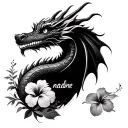 a dragon add the name in cursive her name is nadine instead of those flowers do hibiscus flowers and bamboo, make the dr tattoo design idea