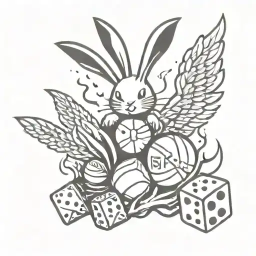 Aces card, dice, Basketball ball, Angels put all inside a fire rabbit tattoo design idea
