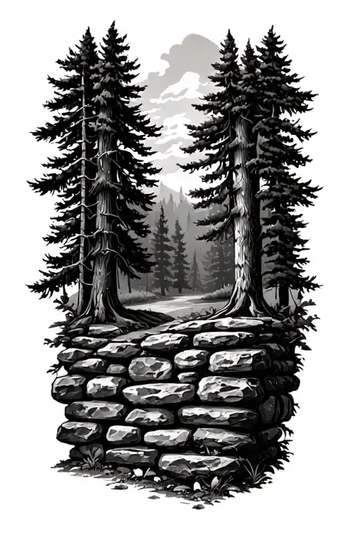 stone wall with forest landscape tattoo design idea