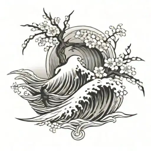 fine line Japanese tattoo with cherry blossoms, 737-800 and trident pluc ocean wave tattoo design idea