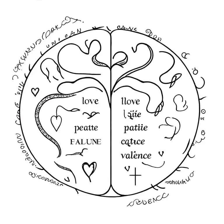 fine line style with symbols, words, and pictures. Psychiatry, brain heart stuff, snake, words like love, valence, patie tattoo design idea