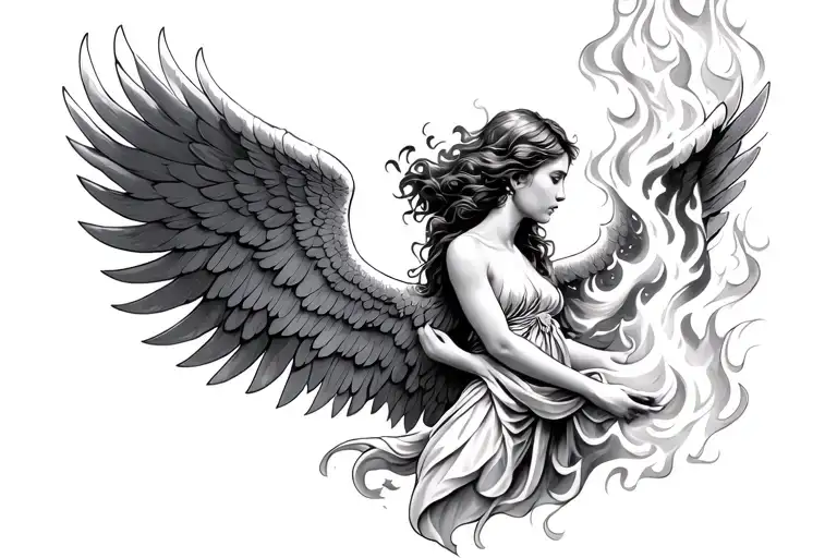 angel with one wing in fire flames tattoo design idea
