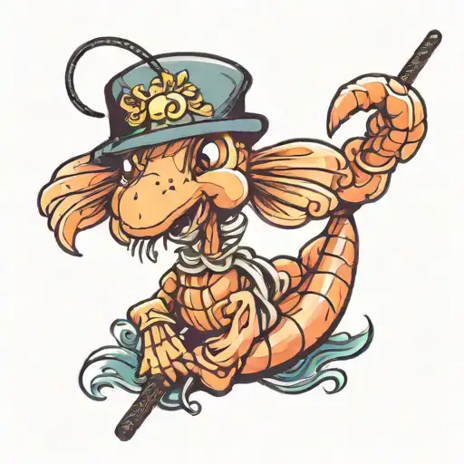 shrimp with pimp coat holding pimp cane  tattoo design idea