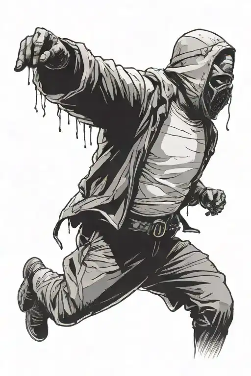 a man dressed normally in his first half in length and on his second half put a straitjacket or madness prevails tattoo design idea