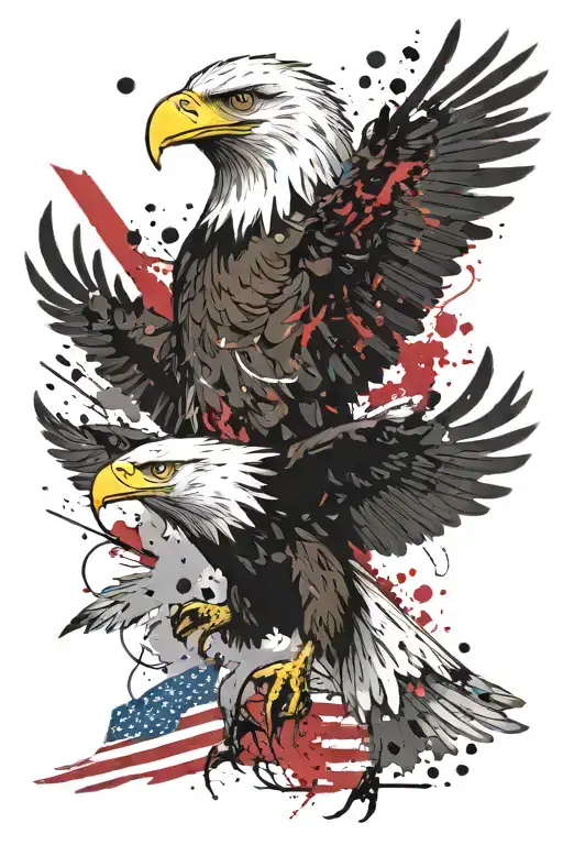 Bald eagle flying and 1776 flag waving tattoo design idea