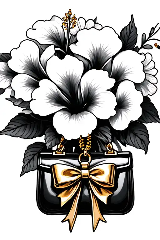 bouquet of hibiscus flowers with a black purse charm with a gold bow tattoo design idea