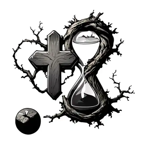 cross with a tree wrapped around it and hourglass filled tattoo design idea