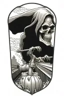 evil grim reaper with a train in the background  tattoo design idea