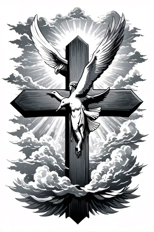 cross with clouds on top and a dove flying and sunlight beaming through the clouds on the cross tattoo design idea