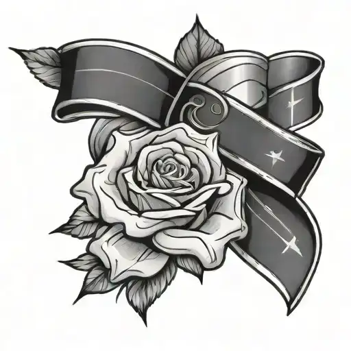 black and gray memorial tattoo for inner leg on guy. 2 ribbons one for cancer and one for alzheimer’s, rose and a cross tattoo design idea