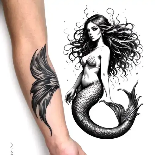 tattoo of a beautiful and terrifying mermaid on the arm that extends its tail to the hand  tattoo design idea