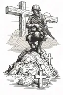 soldier kneeling below a hill with 3 crosses on it  tattoo design idea