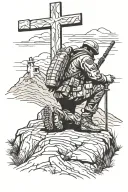 soldier kneeling below a hill with 3 crosses on it  tattoo design idea