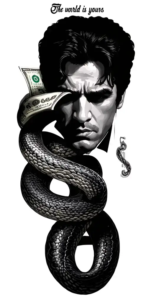I want the Scarface "the world is yours" logo at the top and then a snake wrapping itself around money going down to GGO tattoo design idea