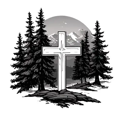 names: Natalie, Eleanor, Norine. outdoor scenery, pine trees, christian cross tattoo design idea