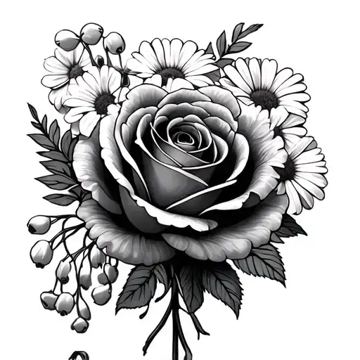 rose,carnation,daisy, lilly of the valley bouquet fine line tattoo design idea