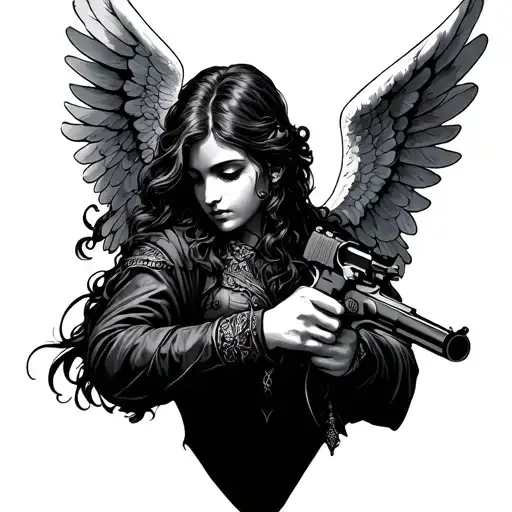 angel holding gun tattoo design idea