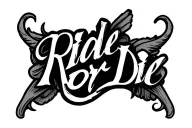 Tattoo design for the inner bicep. Text saying 'Ride or Die' in bold, stylized script or gothic lettering. Behind the te tattoo design idea