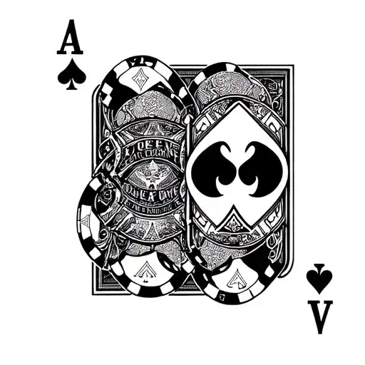 Underground tattoo design, black and white ink, gritty calligraphy, Queen of Diamonds + Jack of Clubs, poker chips tattoo design idea