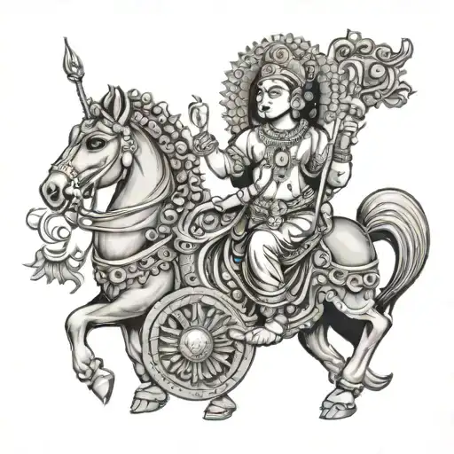 lord krishna with Arjuna on chariot wheel intertwined tattoo design idea