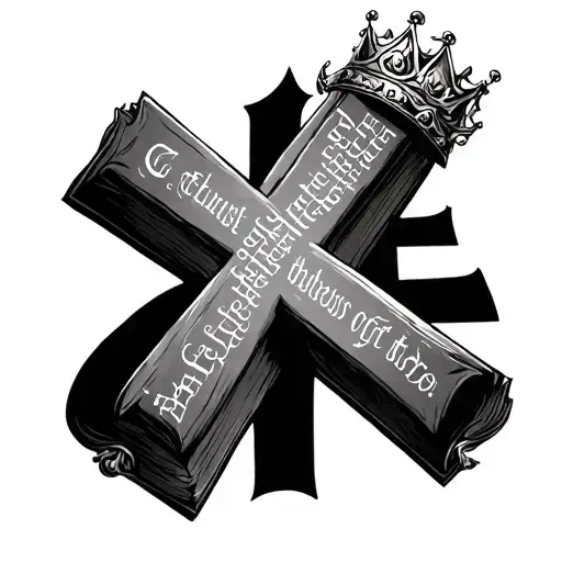 CROSS WITH A CROWN AND BIBLE VERSE ABOVE IT AND THE LETTERS C AND E TO THE SIDES tattoo design idea