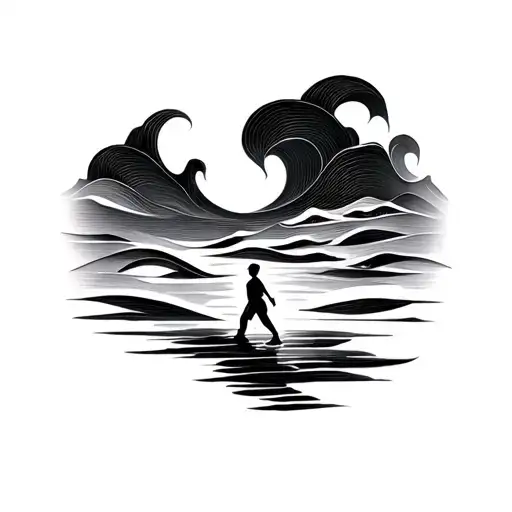 small figure walking across calm waves, abstract flowing lines merging with horizon, symbol of trust and courage tattoo design idea