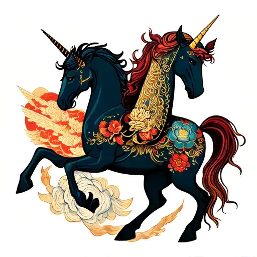 unicorn and Pegasus rising from prayers flags tattoo design idea