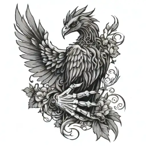 phoenix, skeleton hand holding, vines tattoo design idea