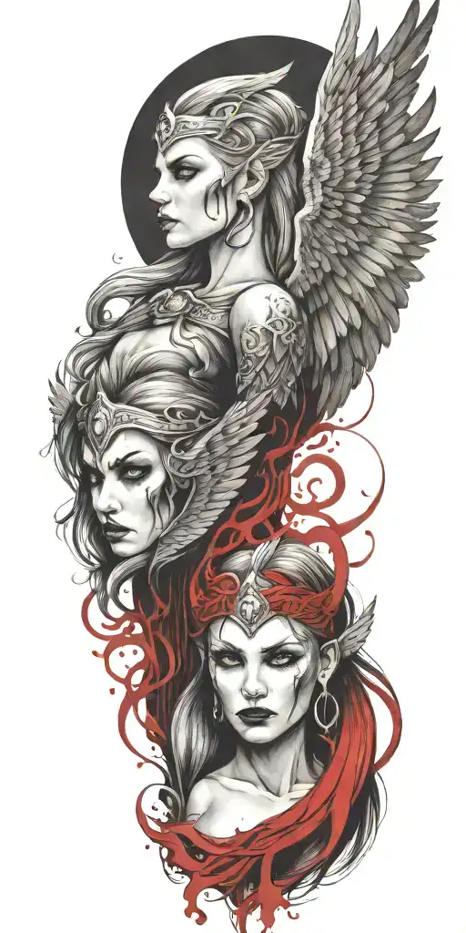 Craft a tattoo design of a Valkyrie with blood red wings, embodying the client's passion for both Viking mythology and vampire aesthetics tattoo design idea
