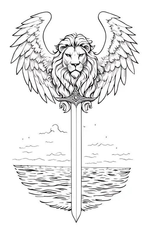 ANGEL WINGS WITH LION HEAD AND SWORD WITH SEA VIEW tattoo design idea