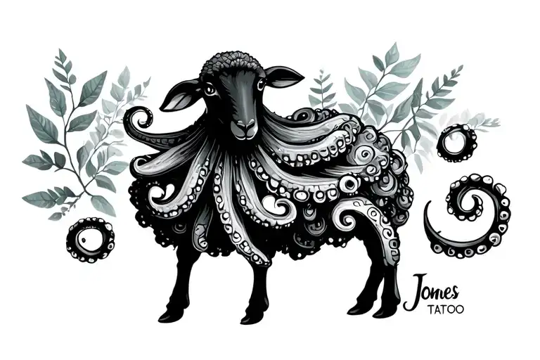 "Jones" sheep octopus eucalyptus leaves tattoo design idea