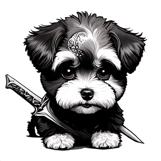 one eyed toy poodle. a scar above his left eye. he has a knife in his mouth & a sword on his back tattoo design idea