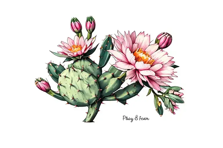 prickly pear cactus with flowers in color tattoo design idea