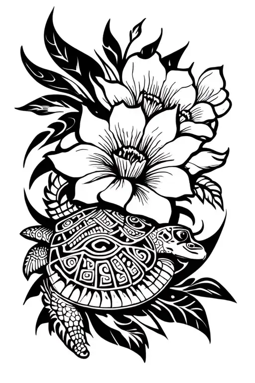 Maori forearm tattoo representing force with 2 turtle that represents my children a smooth flower and a tiki tattoo design idea