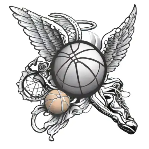 A basketball with angel wings and a halo, surrounded by sports equipment tattoo design idea