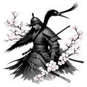 Japanese samurai warrior with cherry blossoms and a crane tattoo design idea