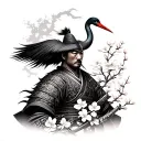 Japanese samurai warrior with cherry blossoms and a crane tattoo design idea
