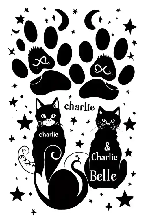 two paw prints with the names "charlie & belle" with small cats, stars, and moons around  tattoo design idea