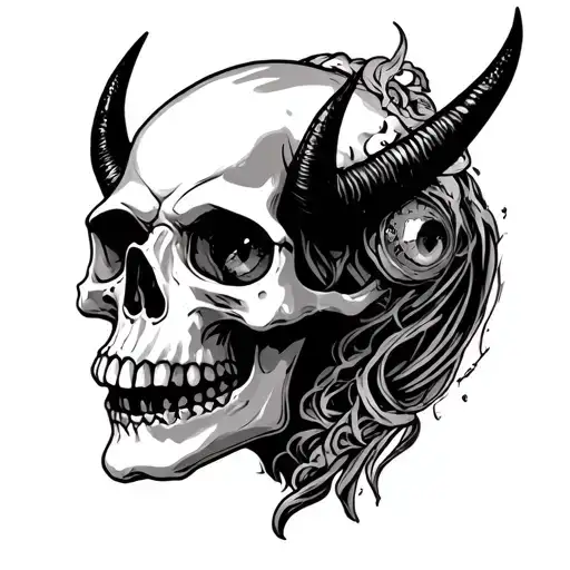 skull with devil horns and busted eyeballs inside tattoo design idea
