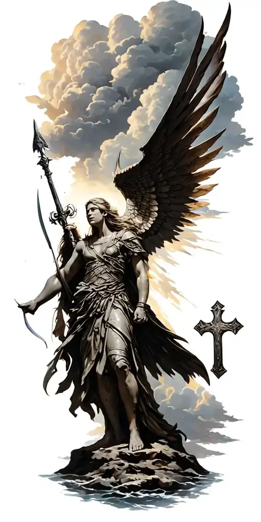 age of discovery, norse Valkyrie, clouds, rays, a cross,  tattoo design idea
